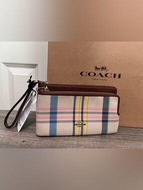Coach Multicolor Plaid Wristlet with Brown Trim